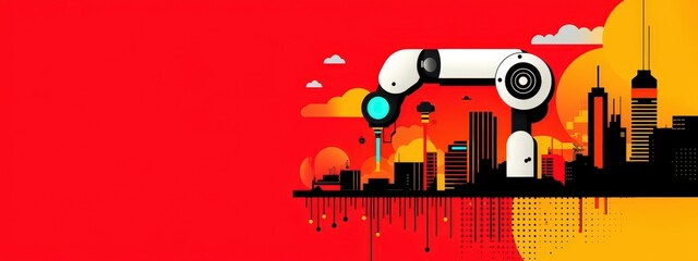 Obraz premium Futuristic City with Robotic Arm Illustration