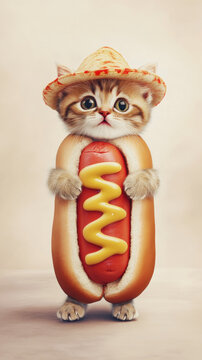Naklejki cute kitten dressed as hot dog, wearing sombrero, exuding playful charm and whimsy. Perfect for animal lovers and food enthusiasts alike