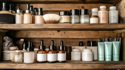 Skincare and cleansing product plastic bottles, brushes and jars on wooden shelves. Cartoon vector illustration set of container and packaging with face and body hygiene supplies. Everyday cosmetic.