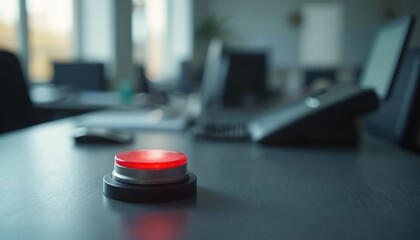 Close-up of red emergency button on desk in office with blurred background. Symbol of alert, alarm, danger, urgency. Safety system, modern device to push in crisis situation. Important attention