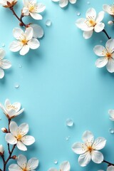 Delicate white blossoms, seamlessly repeating on a soft blue backdrop , summer, background
