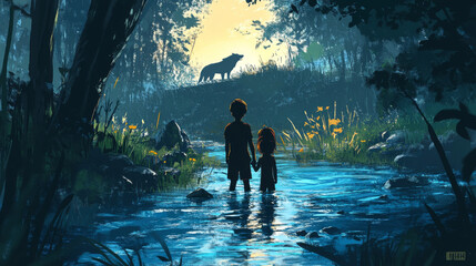 Teen boy and kid girl standing in river with blue water and fishes in forest outside city and silhouette of wild wolves on hill. Scary children walking in park near danger animals on summer day.