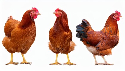 Striking Brown Chicken Collection Portraits of Feathered Friends in Profile against a Minimalist White Backdrop, Capturing the Majesty and Character of Each Individual in High Definition.