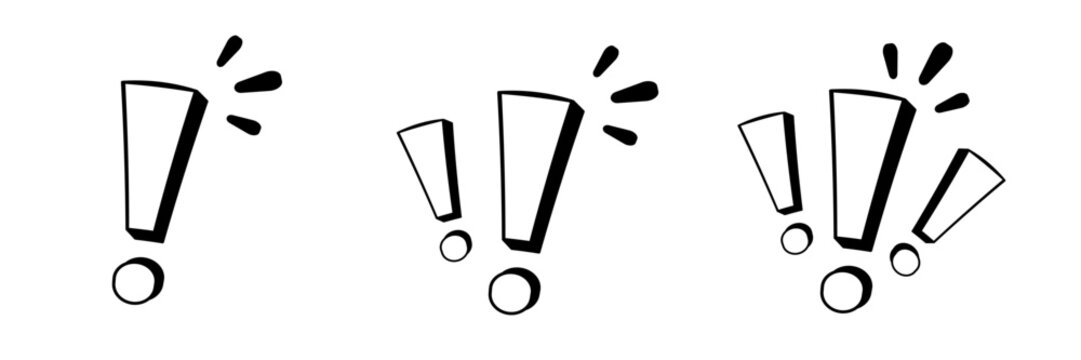 Three bold exclamation marks with expressive lines, conveying excitement and emphasis.