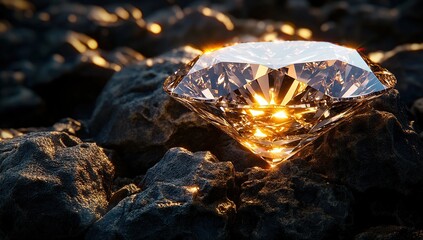 Brilliant Diamond Discovered: Glimmering Gem Found Amongst Rocks, Illuminating the Darkness with Natural Light