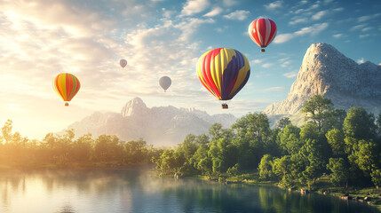 Fototapeta premium Hot air balloons flying above lake and forest. Vector parallax background ready for 2d animation with cartoon illustration of summer landscape with colorful airships with baskets