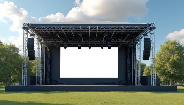 Outdoor concert stage with rigging, sound system, blank screen. Empty venue on green grass. White canvas for show presentation, event. Steel construction with speakers in the park.