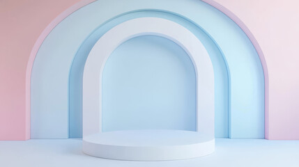 Fototapeta premium Minimalist display platform with luxury glass arches above white podium. Realistic 3d vector pastel backdrop for premium product presentation in soft pink environment with elegant curved elements.