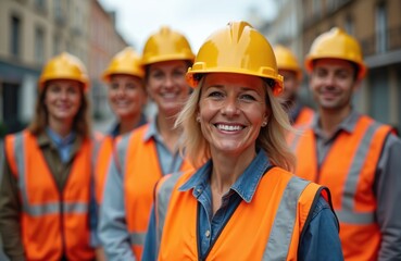 Group portrait of smiling road construction workers in orange vests, yellow helmets, casual shirts. Happy workers standing in line, team building, unity, diverse ages, genders, positive work