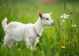 Obraz premium Adorable Young White Goat in Lush Green Pasture