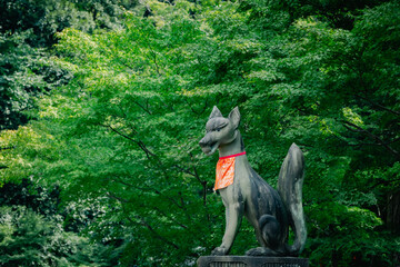 Fox statue in a traditional Japanese temple
