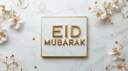 Elegant Eid Mubarak Gold Lettering Festive Design White Marble Background Golden Flowers 3D Render Luxury Greeting Card Beautiful Floral Decoration Holiday Wishes Happy Celebration Exquisite Artistic 