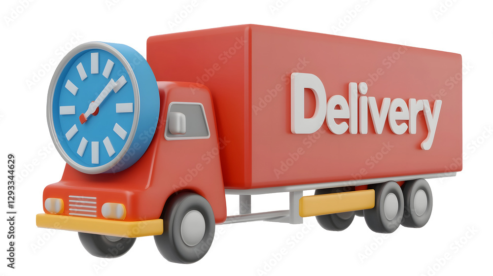 Poster futuristic 3d rendered delivery truck concept featuring a sleek red vehicle with an integrated clock