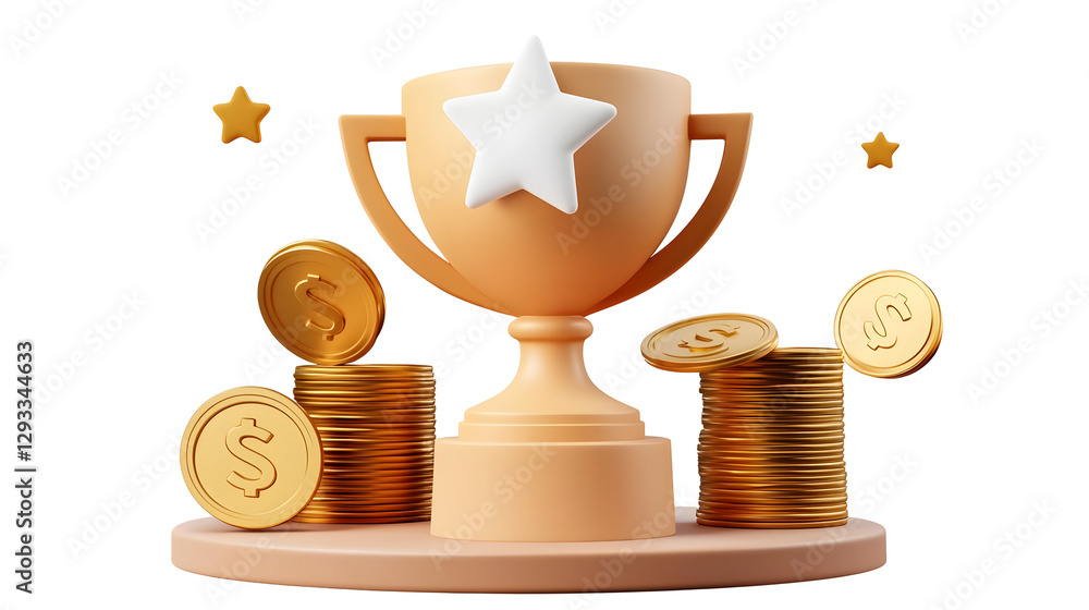 Poster a 3d rendered financial achievement concept featuring a gleaming golden trophy with a white star flo