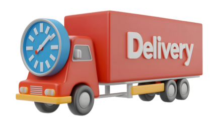 Futuristic 3D rendered delivery truck concept featuring a sleek red vehicle with an integrated clock in the front wheel symbolizing real time tracking and efficient express logistics