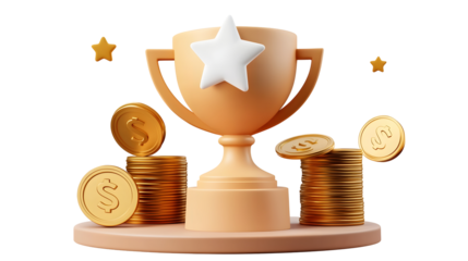 A 3D rendered financial achievement concept featuring a gleaming golden trophy with a white star floating above neatly stacked gold coins  The coins are arranged in an increasing order