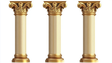 Antique gold pillars set. Ancient columns with golden decorative texture isolated on white background. Roman or greece facade decoration, luxury architecture elements, Realistic 3d vector illustration