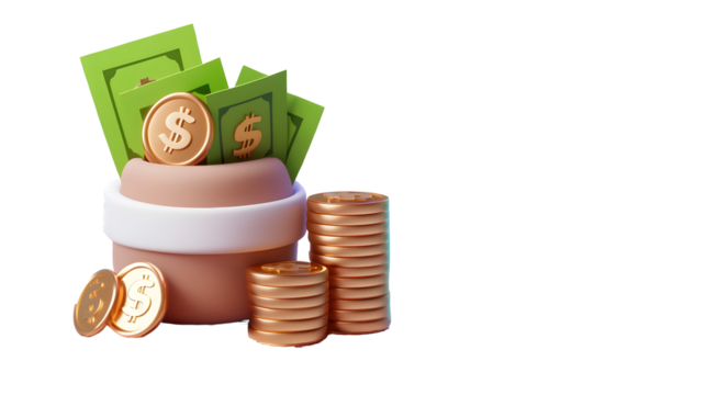 Stacks of Shimmering Coins and Banknotes Symbolize Financial Prosperity and Wealth  A 3D rendered showcasing a stack of neatly arranged green banknotes bound with a white strap - Powered by Adobe