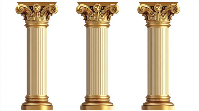 Antique gold pillars set. Ancient columns with golden decorative texture isolated on white background. Roman or greece facade decoration, luxury architecture elements, Realistic 3d vector illustration