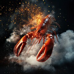 Explosive lobster artistry underwater scene digital illustration fantasy environment dynamic viewpoint creative concept