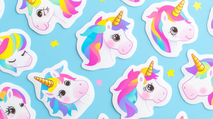 Cute rainbow unicorn stickers, patch icon. Cartoon vector pony mascot with present. Baby horse gold horn character surprised, dream, hug and happy. Emotion collection, isolated funny magical creature