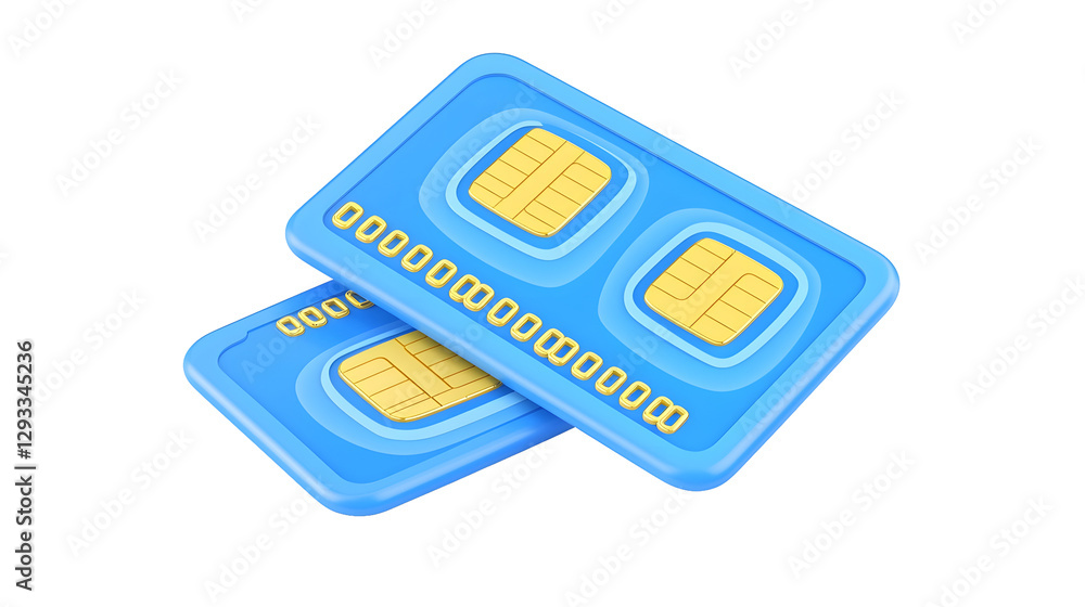 Poster Sleek and Futuristic 3D Rendered of Two Overlapping Blue Credit Cards with Gold Embossed Numbers Secure Chip and Contactless Payment Functionality Symbolizing Digital Banking and Online Transactions