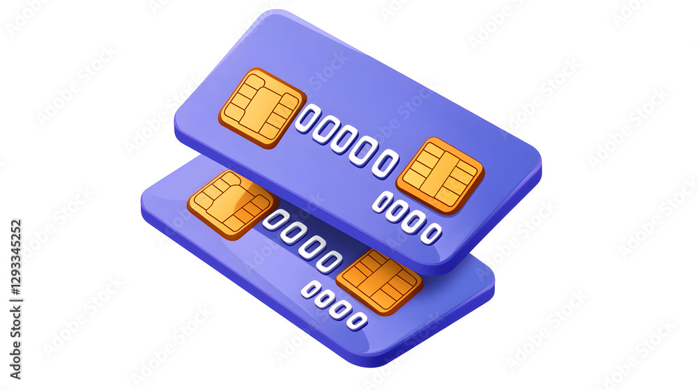 Poster Professional 3D rendered fintech featuring two overlapping blue credit cards with gold embossed numbers a secure chip and a contactless payment feature  The sleek