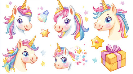 Fototapeta premium Cute rainbow unicorn stickers, patch icon. Cartoon vector pony mascot with present. Baby horse gold horn character surprised, dream, hug and happy. Emotion collection, isolated funny magical creature
