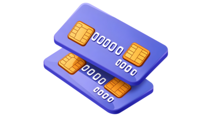 Professional 3D rendered fintech featuring two overlapping blue credit cards with gold embossed numbers a secure chip and a contactless payment feature  The sleek