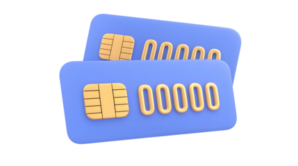 A professional 3D rendered fintech showcasing two blue credit cards with gold embossed numbers a secure chip and a contactless payment feature