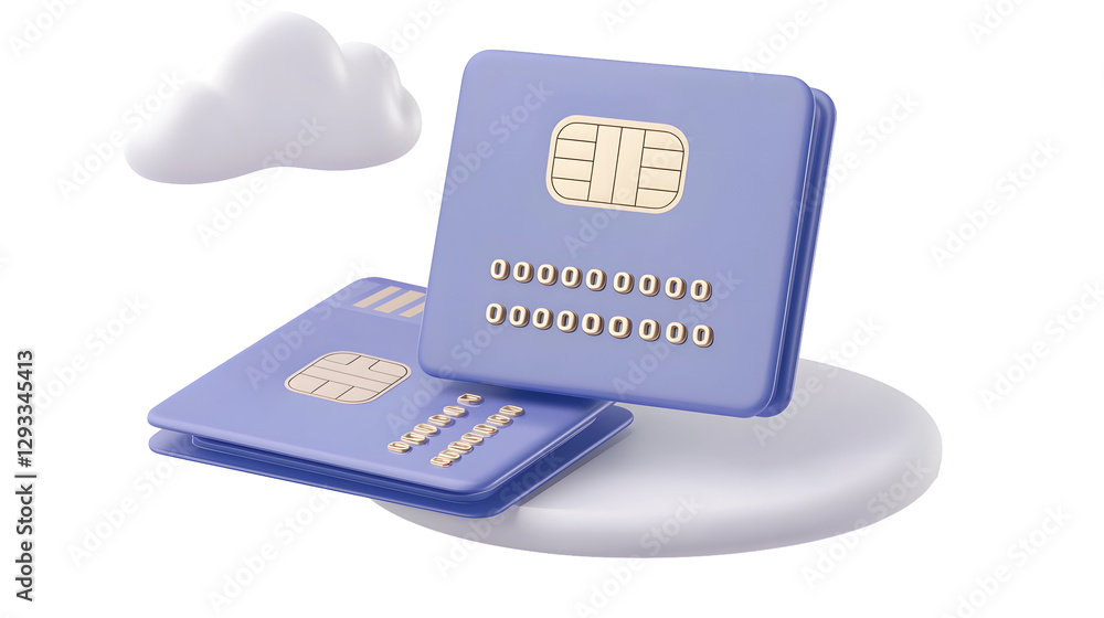 Poster Minimalistic yet Futuristic 3D Rendered Banking Visualization Featuring Overlapping Blue Credit Cards with Gold Embossed Numbers Built in Security Chip and Wireless Payment Symbol