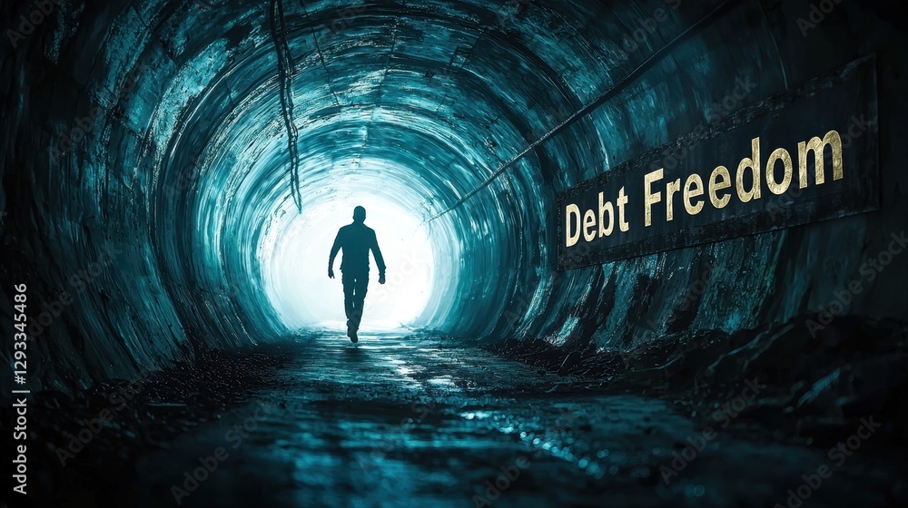 Poster a man walking through a dark tunnel with arched ceilings and soft light shining from the exit ahead