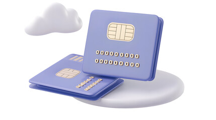 Minimalistic yet Futuristic 3D Rendered Banking Visualization Featuring Overlapping Blue Credit Cards with Gold Embossed Numbers Built in Security Chip and Wireless Payment Symbol