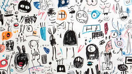 doodle art school notebook page filled with random sketches, funny stick figures, and expressive doodles 