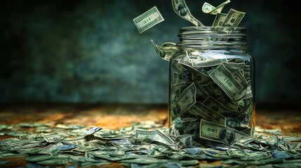 A jar filled to the brim with money representing wealth accumulation and financial success in a clear container