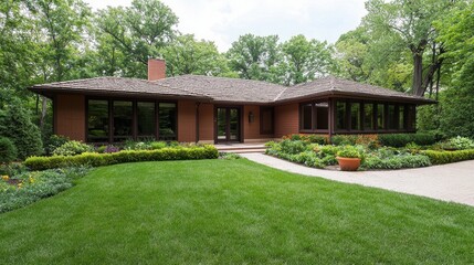 A beautiful single story home with a well manicured lawn and garden. The house is surrounded by lush trees, creating a peaceful and private setting.