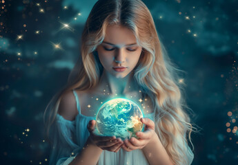 Naklejka premium Beautiful girl holding the Earth in her hands, fantasy background with stars and lights, blue eyes, blonde hair, white dress, magical atmosphere,Generative AI