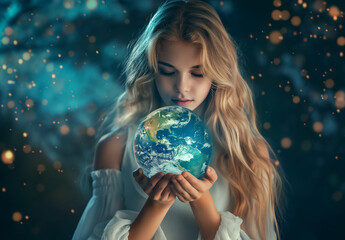 Naklejka premium Beautiful girl holding the Earth in her hands, fantasy background with stars and lights, blue eyes, blonde hair, white dress, magical atmosphere,Generative AI