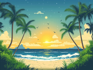 Obraz premium Beach with waves and palm trees, charming cartoon holiday art.