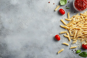 Delicious penne pasta ingredients on a grey background creating a culinary composition