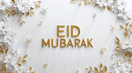 Elegant Eid Mubarak Greeting Card Design Gold White Flowers Festive Celebration Holiday Wishes Luxury Background Marble Texture 3D Render Floral Decoration  Beautiful Ornament Art Paper Image Islam   