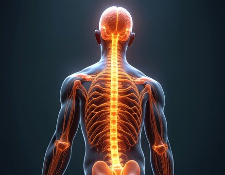 Human nervous system anatomical structure. Spinal cord, brain, nerves highlighted on man body. Neural network, nerve signals, neuronal activity, brain functions, impulse transmission. Anatomy,