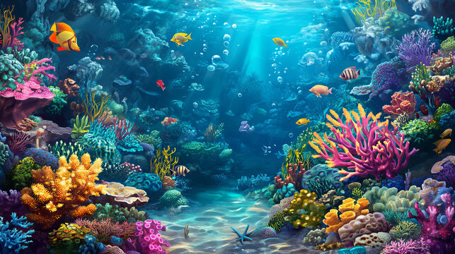 Underwater sea landscape with marine plants and animals. Vector cartoon illustration of ocean bottom with stones and tropical undersea fauna, actinias and sponges
