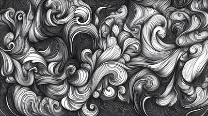 and white doodle art pattern filled with tiny, expressive faces, geometric designs, and swirling lines 