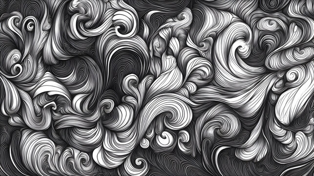 and white doodle art pattern filled with tiny, expressive faces, geometric designs, and swirling lines 