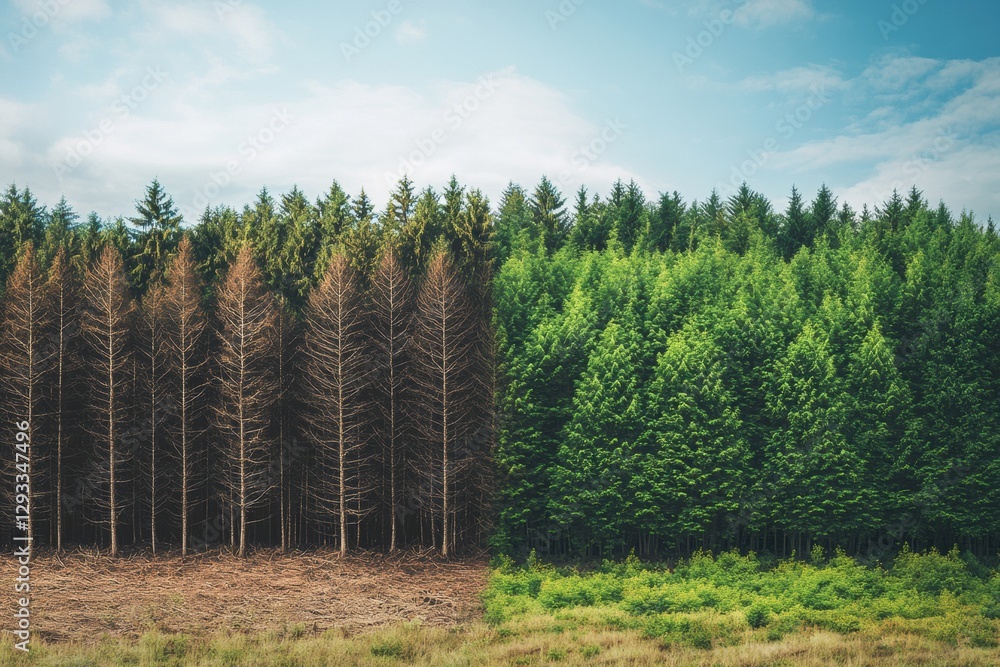 Poster contrasting deforested land and thriving forest emphasizes urgent need for nature conservation effor