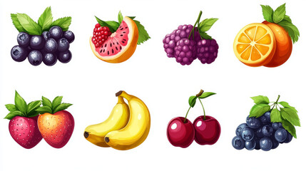 Color set of fruit icons for online casino app interface. Cartoon blueberry, ruspberry, apple, grape, banana, watermelon, cherry, orange illustration for slot machine game screen on background
