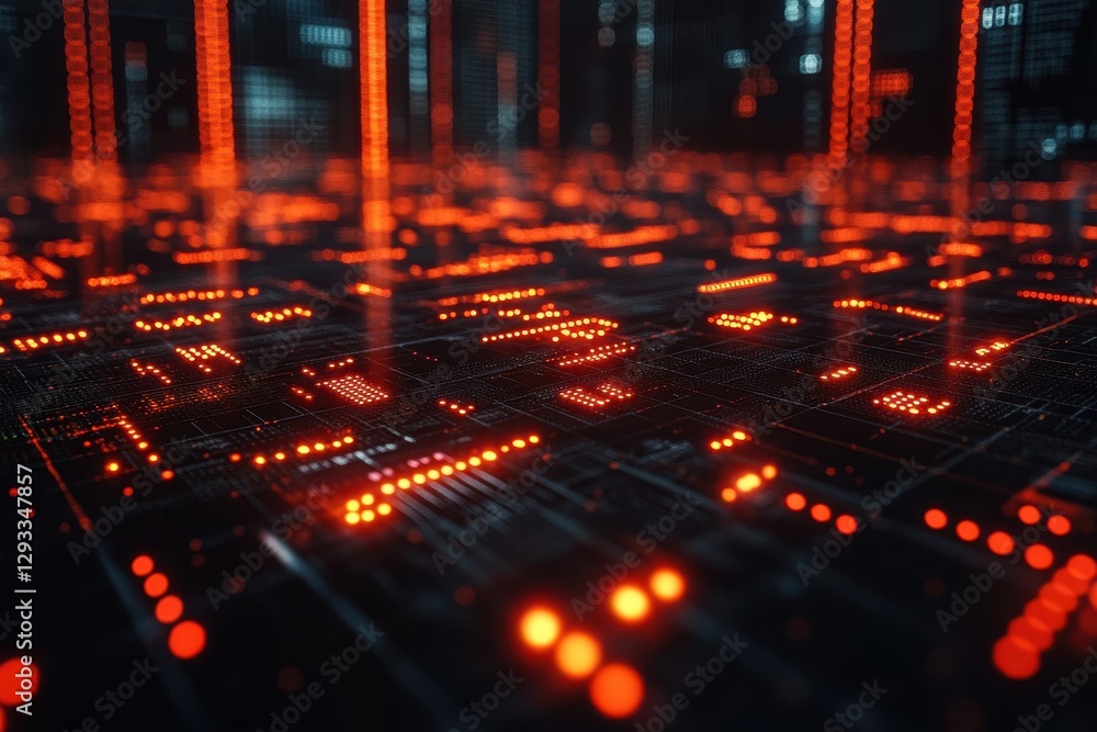 Poster digital landscape illuminated with vibrant orange patterns showcasing data flow and connectivity in 