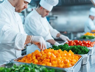 Chefs preparing fresh ingredients in a professional kitchen culinary arts high-energy environment focused view