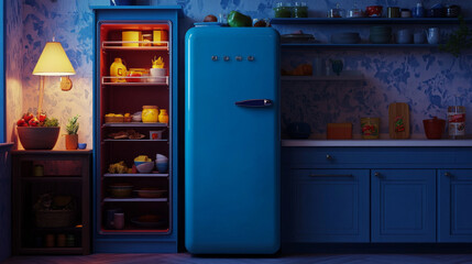 Fridge opening animation sequence showing blue refrigerator full of fresh products. Cartoon progression of door movement from closed to open, shelving compartments and colorful food items inside.